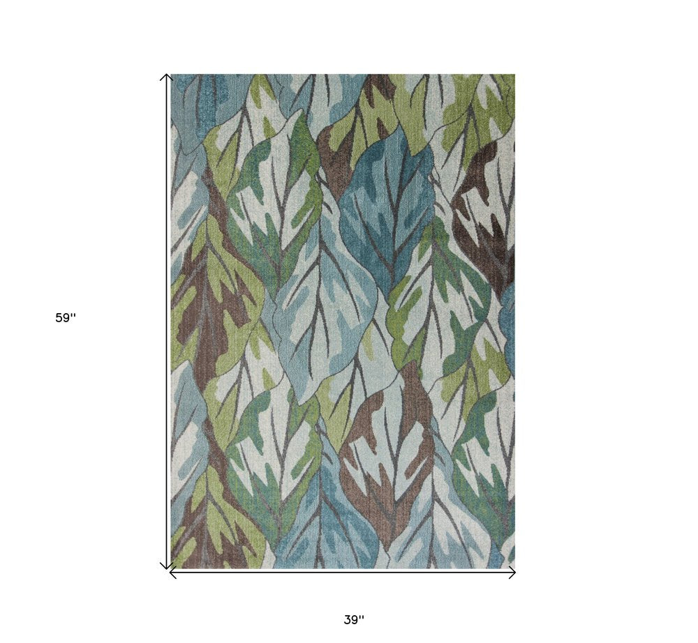 5' X 8' Ivory Blue And Green Botanical Leaves Area Rug