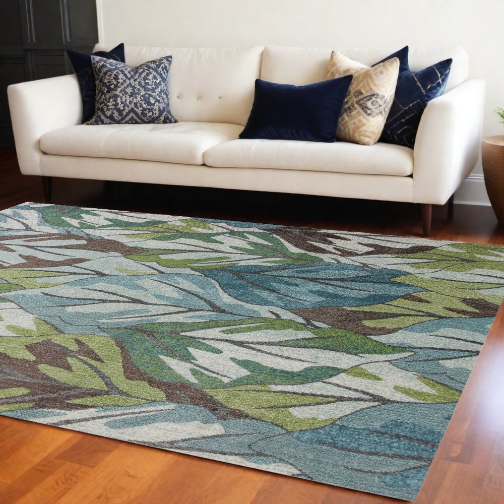 5' X 8' Ivory Blue And Green Botanical Leaves Area Rug