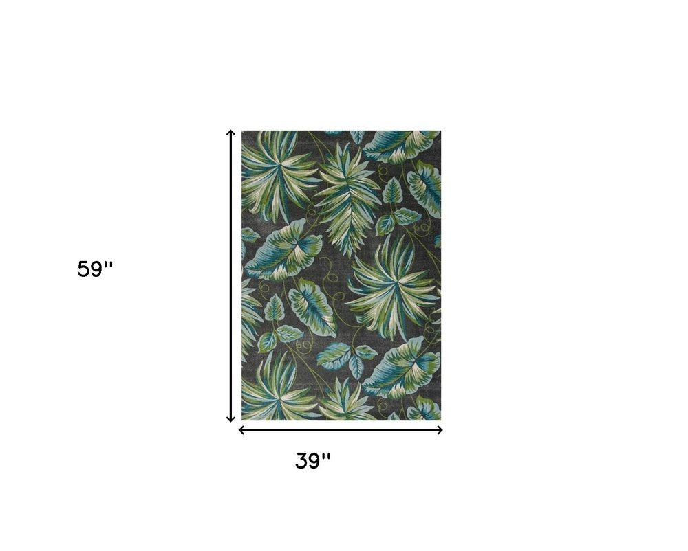 3' X 5' Gray Teal And Green Botanical Leaves Area Rug