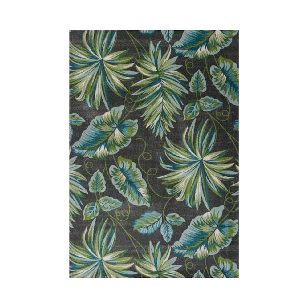 3' X 5' Gray Teal And Green Botanical Leaves Area Rug
