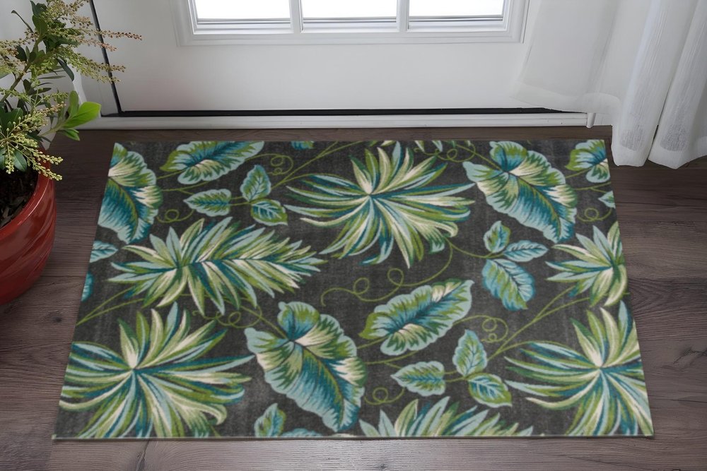 3' X 5' Gray Teal And Green Botanical Leaves Area Rug
