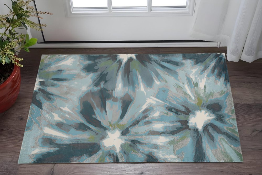 8' X 11' Teal Ivory And Gray Floral Area Rug