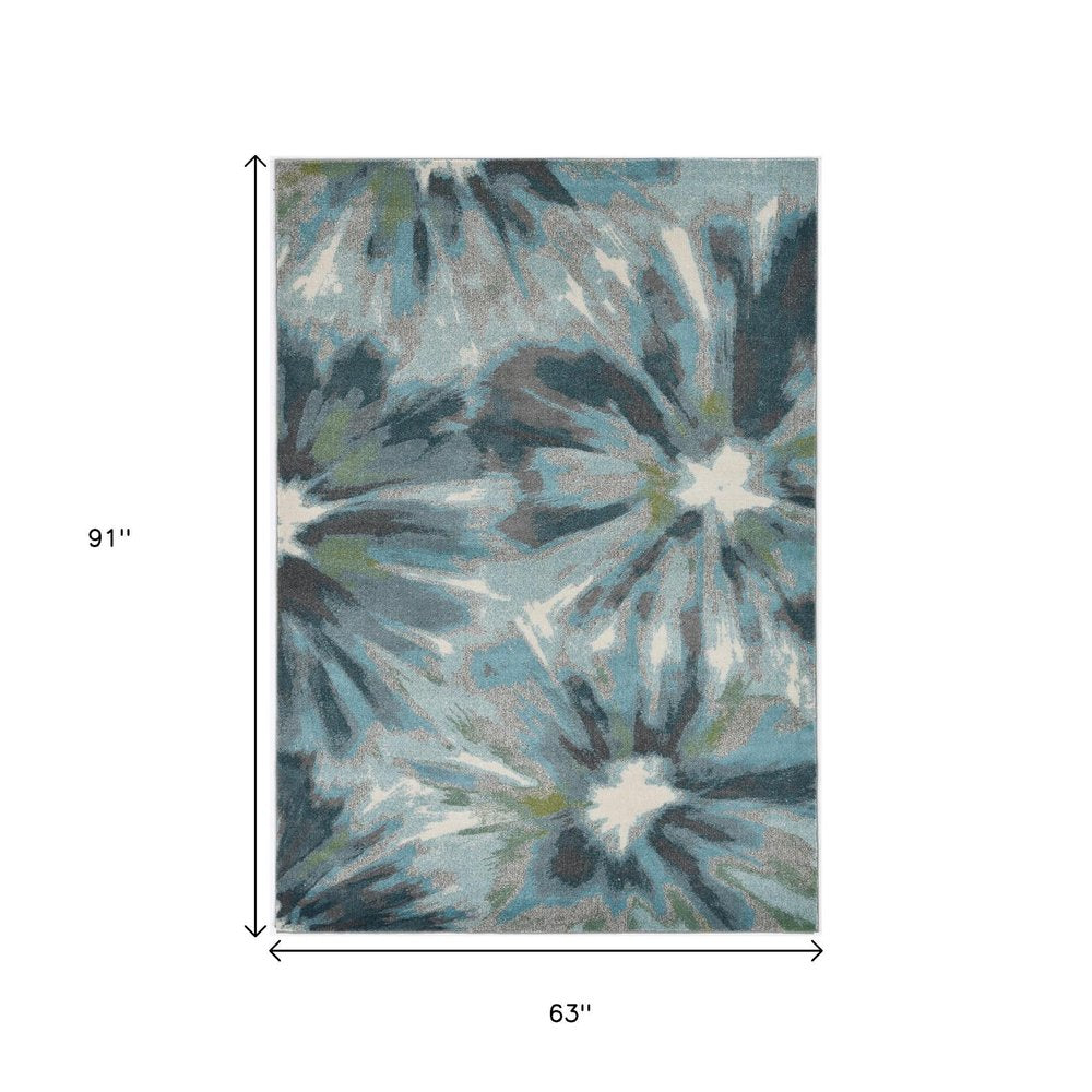 8' X 11' Teal Ivory And Gray Floral Area Rug