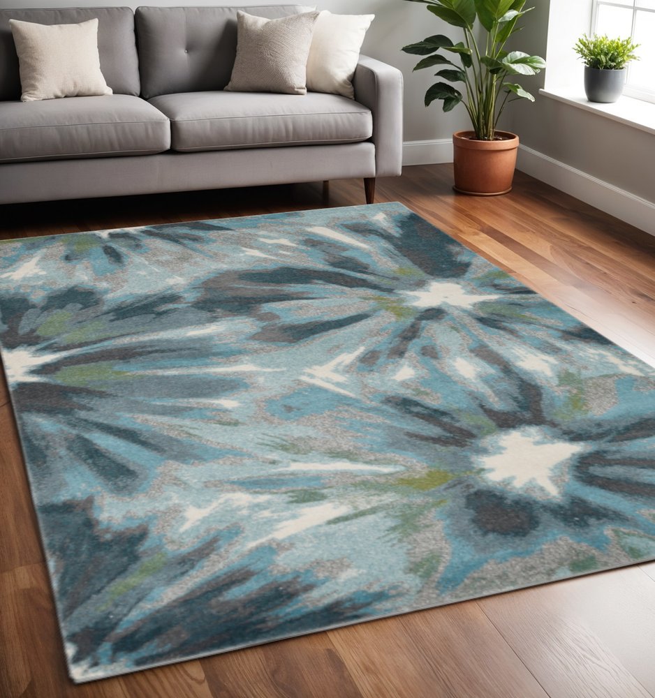8' X 11' Teal Ivory And Gray Floral Area Rug
