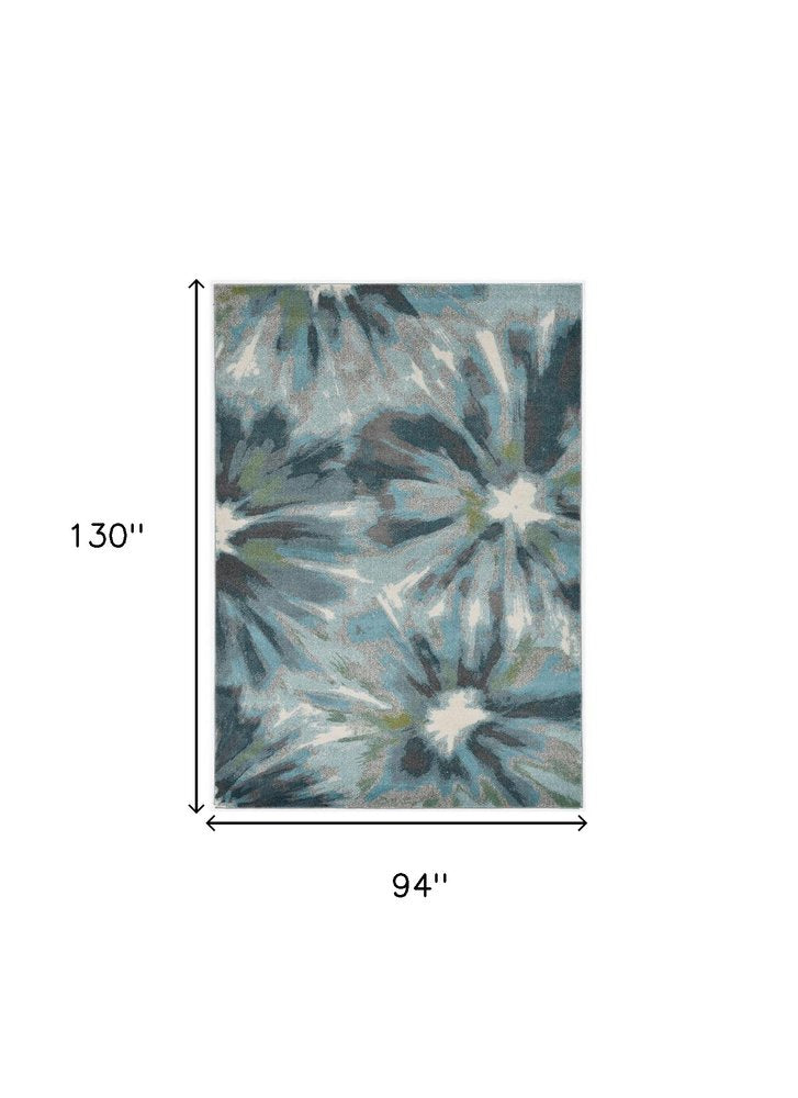 8' X 11' Teal Ivory And Gray Floral Area Rug