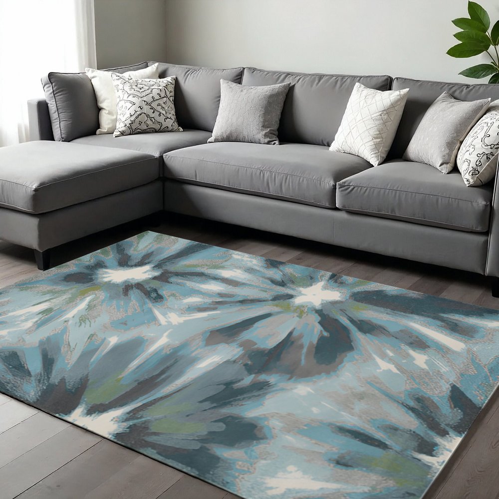 8' X 11' Teal Ivory And Gray Floral Area Rug