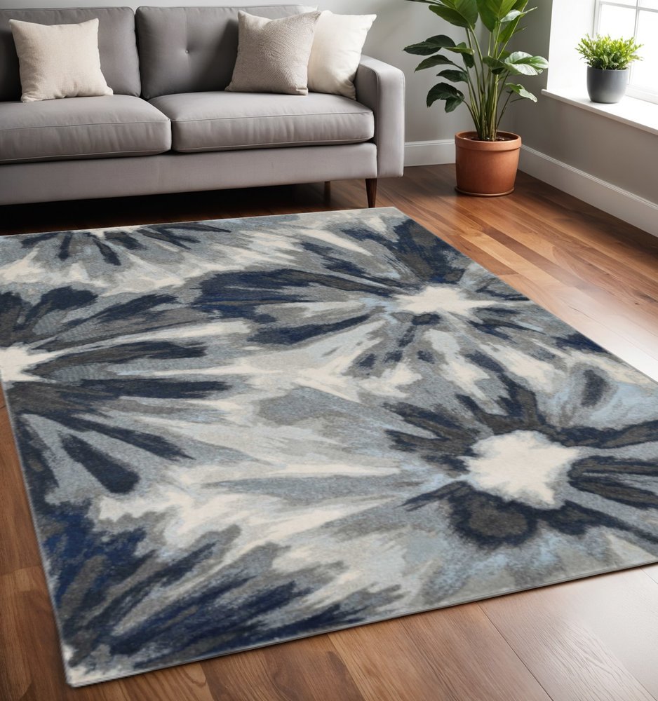 5' X 8' Ivory And Blue Floral Area Rug