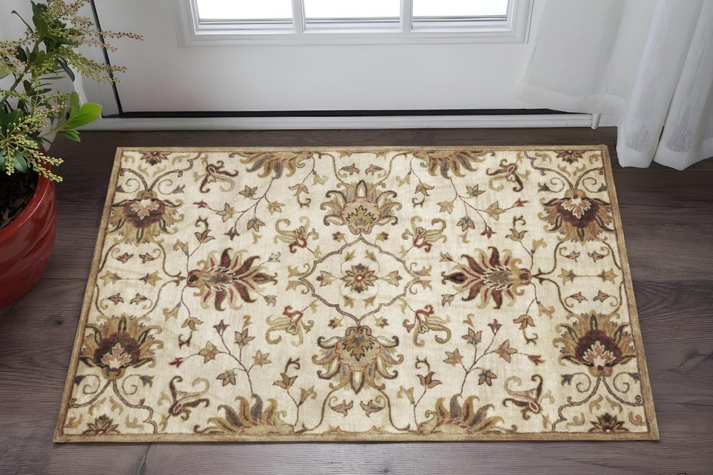 8' X 11' Champagne Red And Brown Wool Floral Medallion Hand Tufted Area Rug