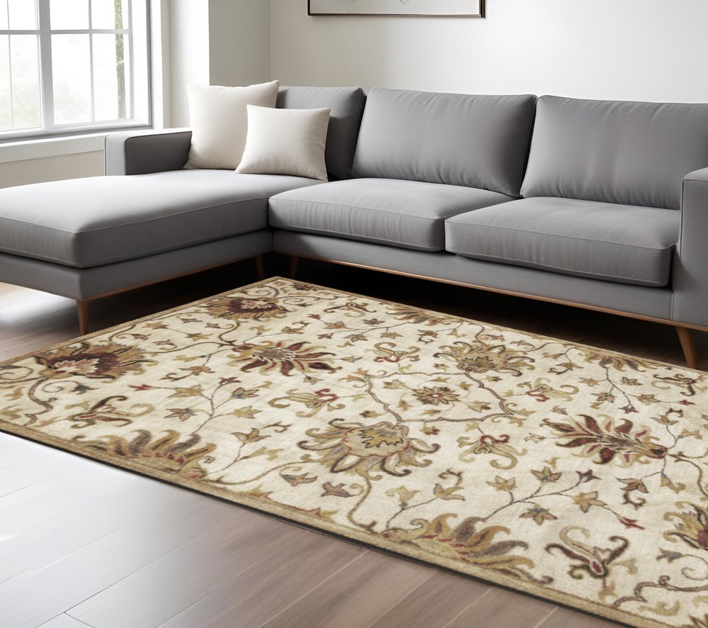 8' X 11' Champagne Red And Brown Wool Floral Medallion Hand Tufted Area Rug