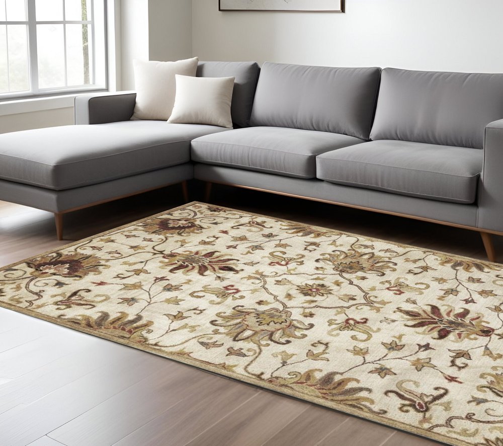 8' X 11' Champagne Red And Brown Wool Floral Medallion Hand Tufted Area Rug