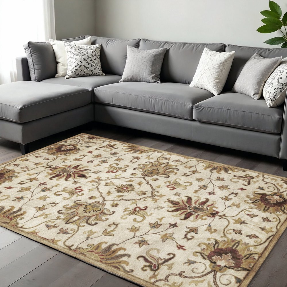 8' X 11' Champagne Red And Brown Wool Floral Medallion Hand Tufted Area Rug