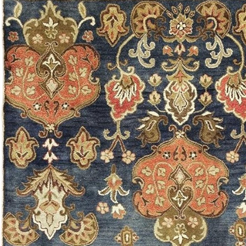 6' Navy Blue Orange And Brown Wool Medallion Hand Tufted Round Rug