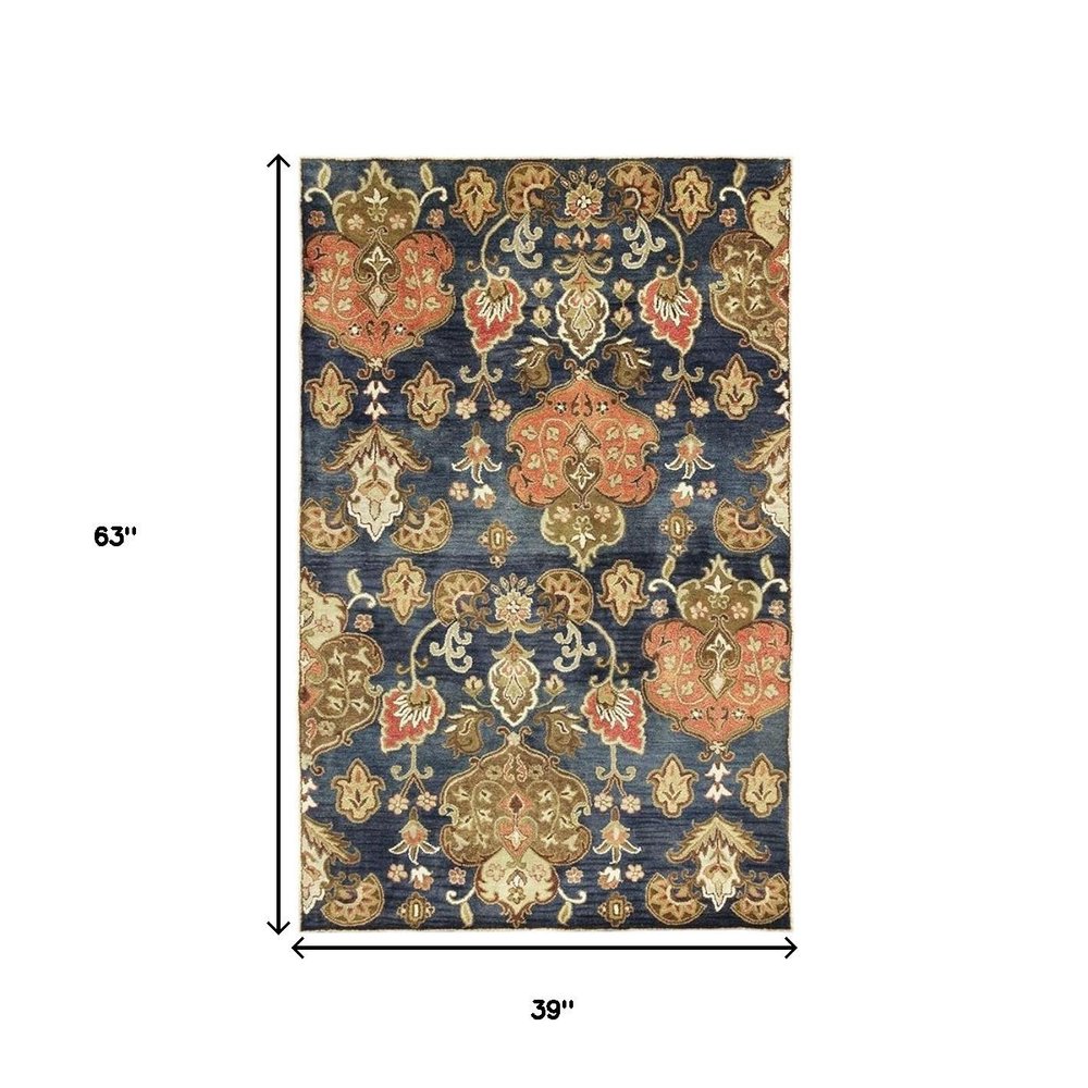 6' Navy Blue Orange And Brown Wool Medallion Hand Tufted Round Rug