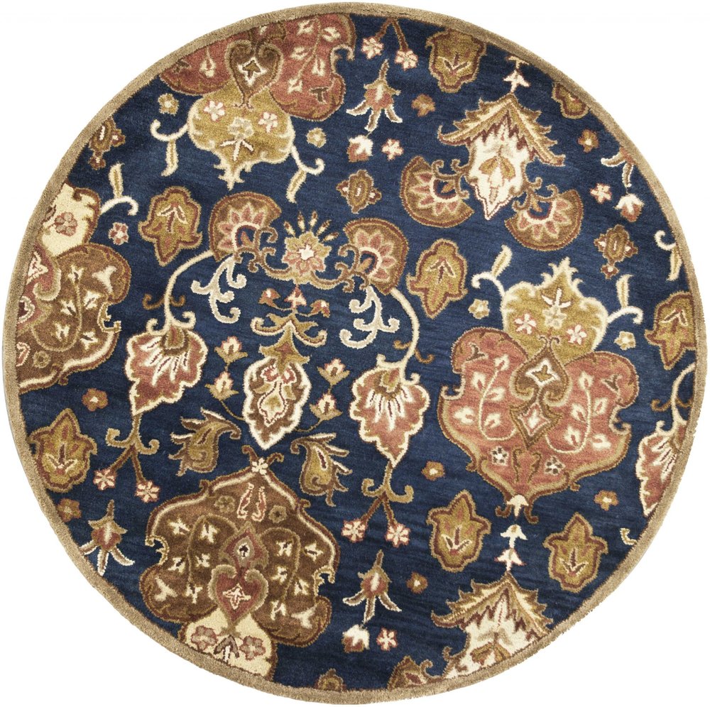 6' Navy Blue Orange And Brown Wool Medallion Hand Tufted Round Rug