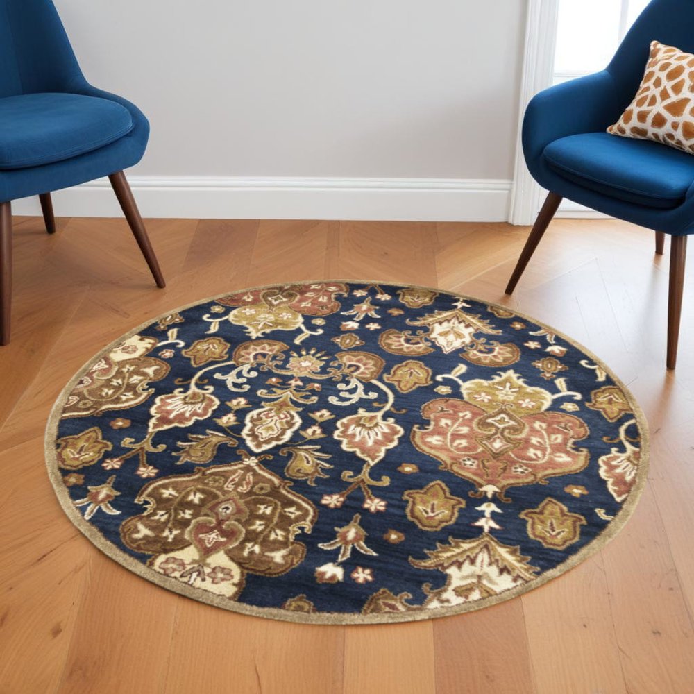 6' Navy Blue Orange And Brown Wool Medallion Hand Tufted Round Rug