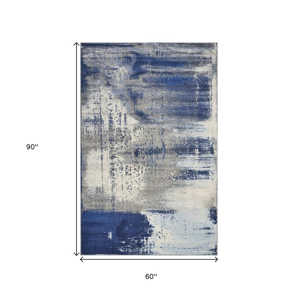 5' X 7' Blue Ivory And Gray Abstract Area Rug