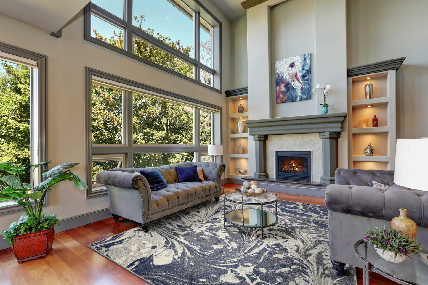 5' X 8' Blue Gray And Ivory Abstract Area Rug