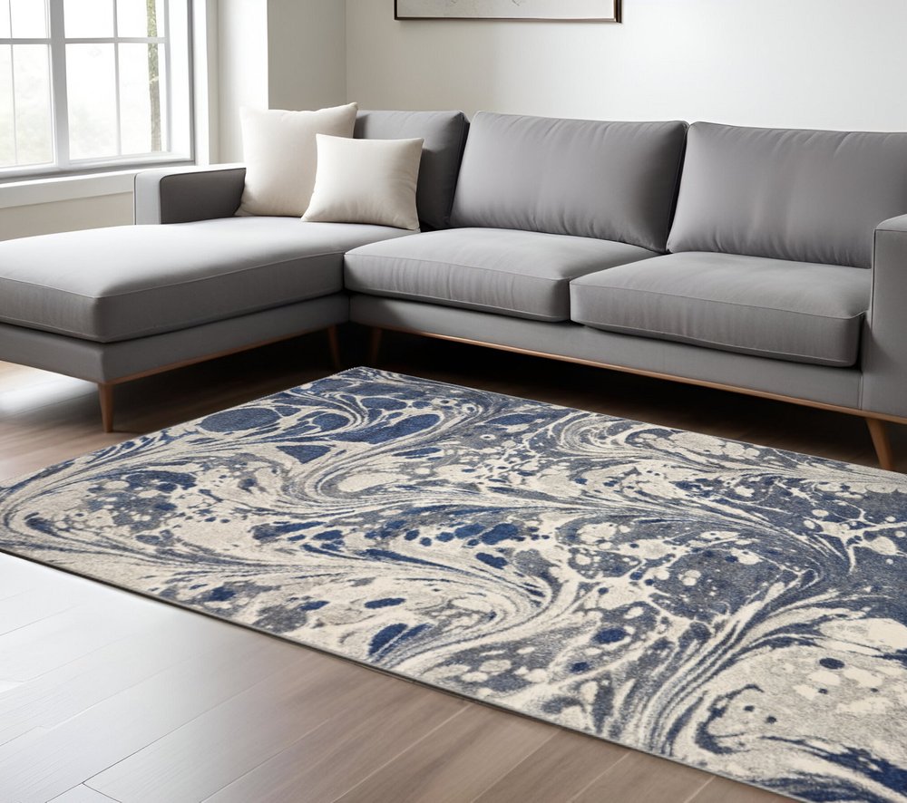 5' X 8' Blue Gray And Ivory Abstract Area Rug