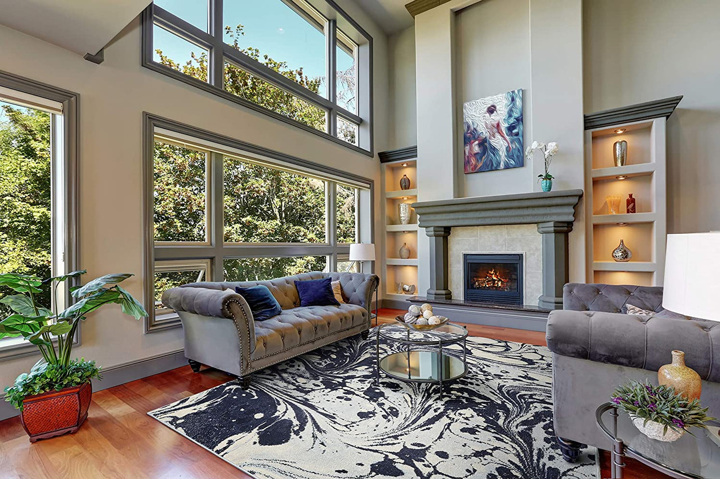 3' X 5' Blue And Ivory Abstract Area Rug