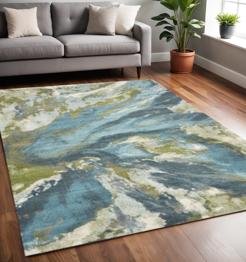 5' X 7' Teal Gray And Green Abstract Area Rug