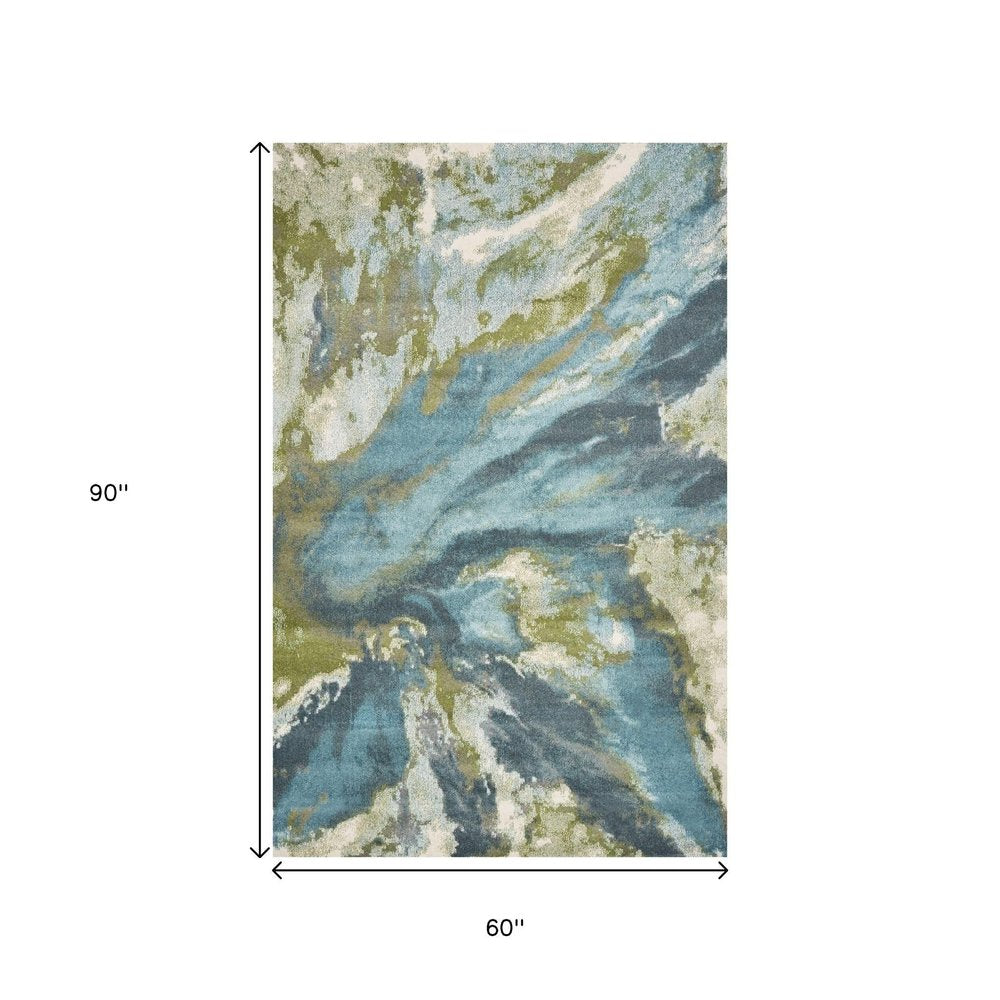 5' X 7' Teal Gray And Green Abstract Area Rug