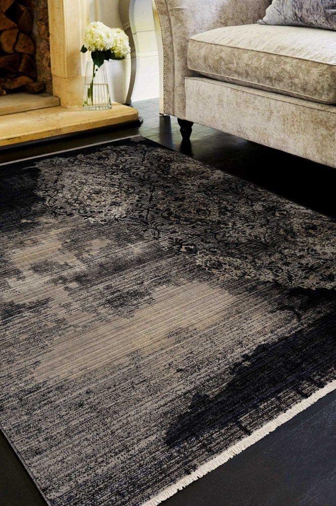 9' X 12' Taupe And Black Damask Area Rug