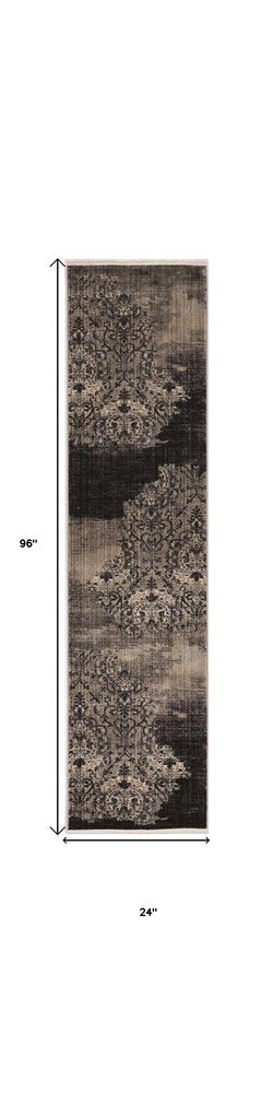 9' X 12' Taupe And Black Damask Area Rug