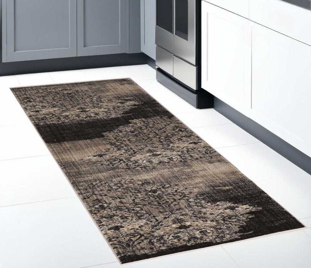 9' X 12' Taupe And Black Damask Area Rug