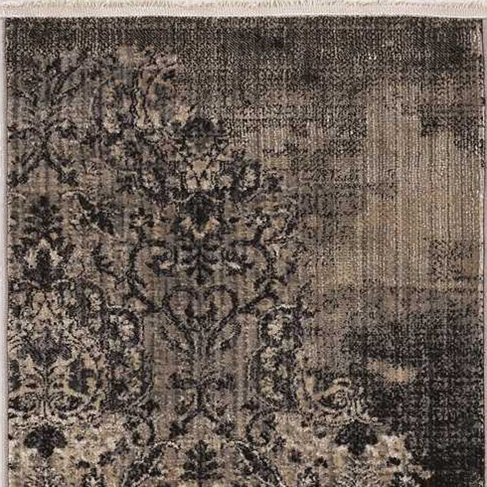 9' X 12' Taupe And Black Damask Area Rug