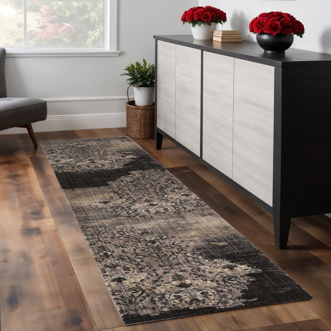 9' X 12' Taupe And Black Damask Area Rug