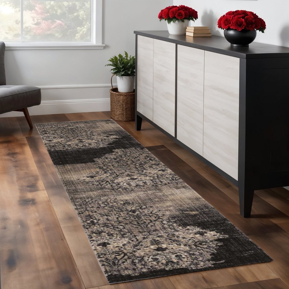 9' X 12' Taupe And Black Damask Area Rug