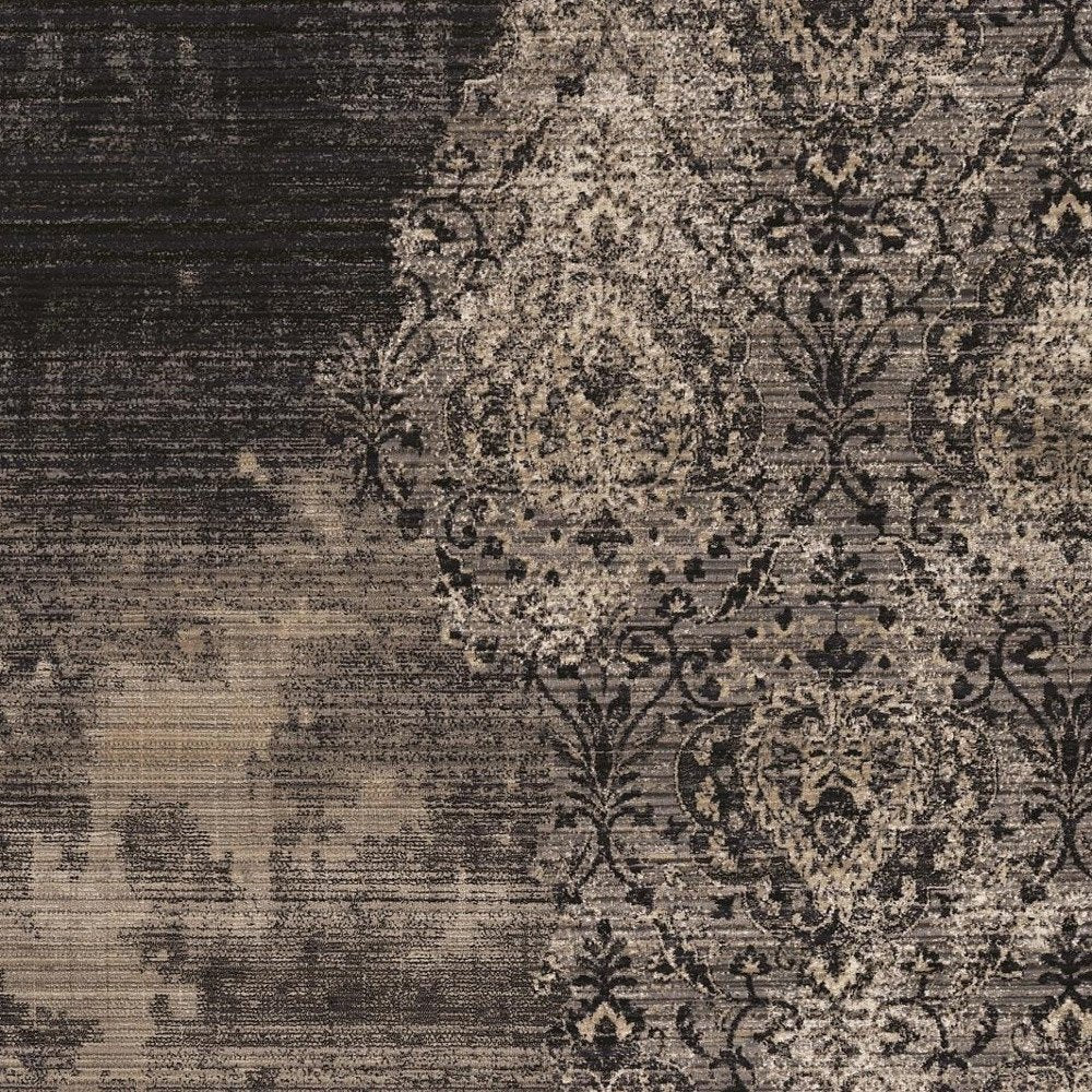 9' X 12' Taupe And Black Damask Area Rug