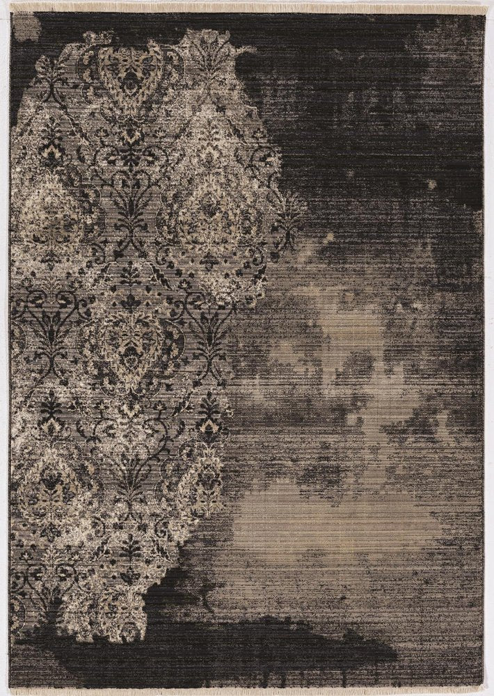 9' X 12' Taupe And Black Damask Area Rug