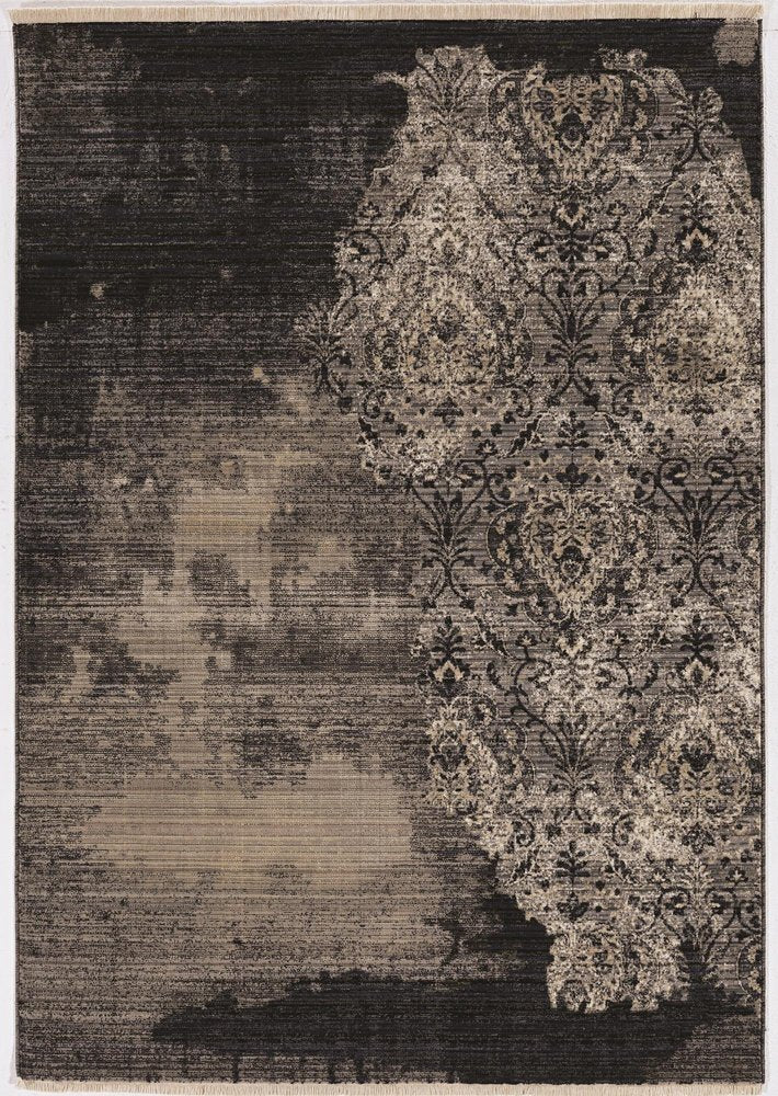 9' X 12' Taupe And Black Damask Area Rug