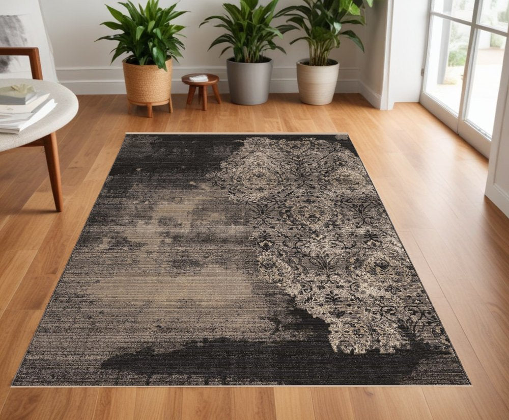 9' X 12' Taupe And Black Damask Area Rug