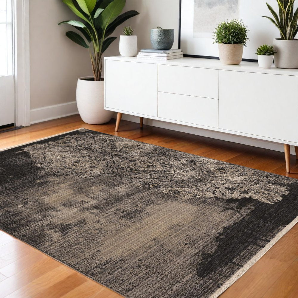 9' X 12' Taupe And Black Damask Area Rug