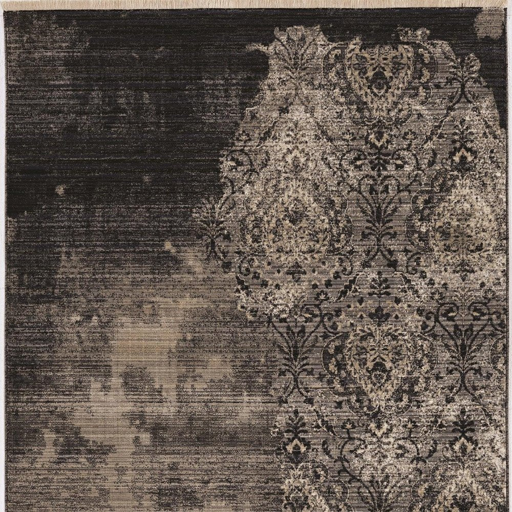 9' X 12' Taupe And Black Damask Area Rug
