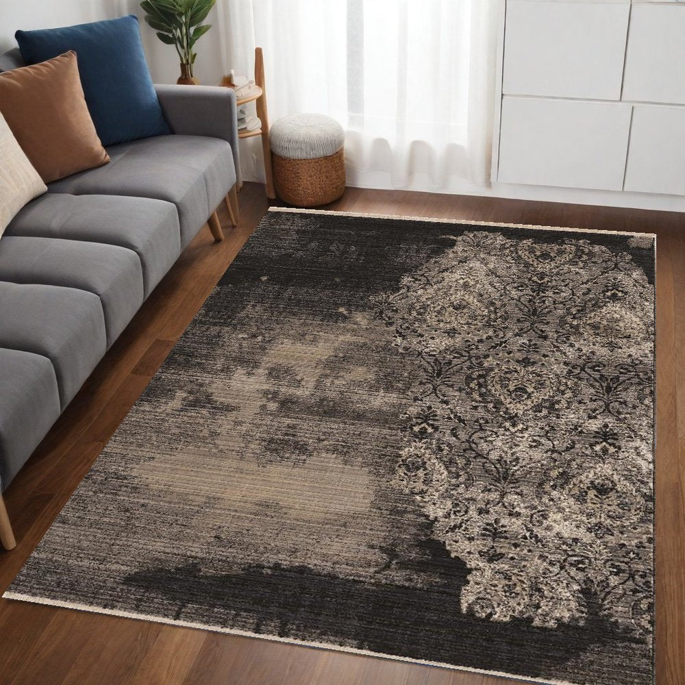 9' X 12' Taupe And Black Damask Area Rug