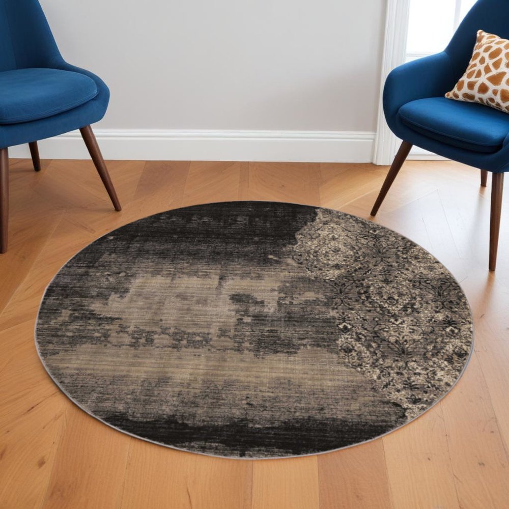 9' X 12' Taupe And Black Damask Area Rug