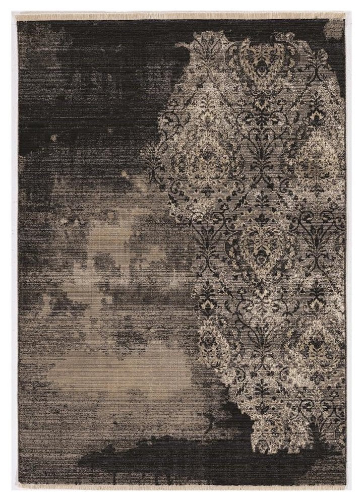 9' X 12' Taupe And Black Damask Area Rug