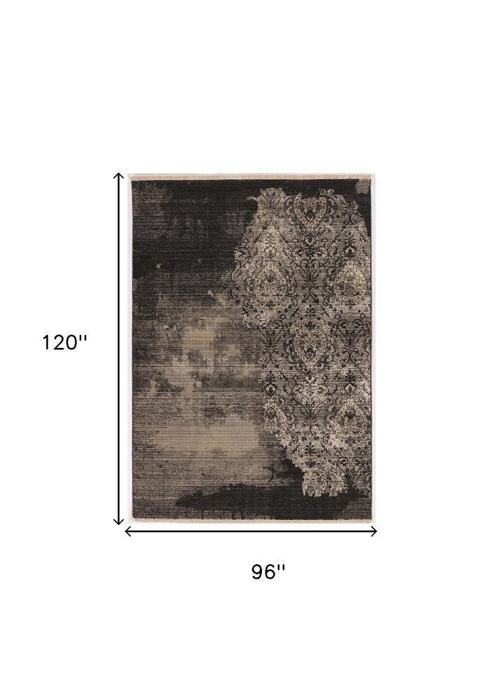 9' X 12' Taupe And Black Damask Area Rug