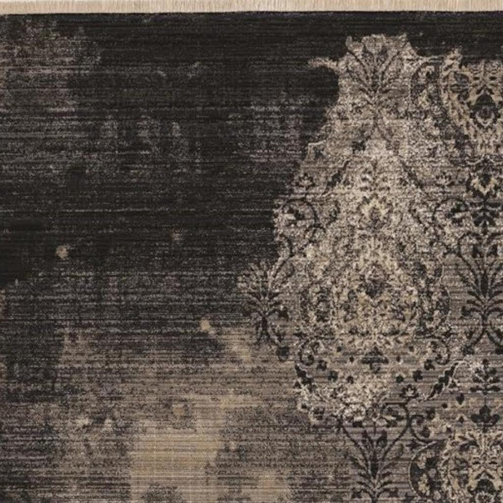 9' X 12' Taupe And Black Damask Area Rug