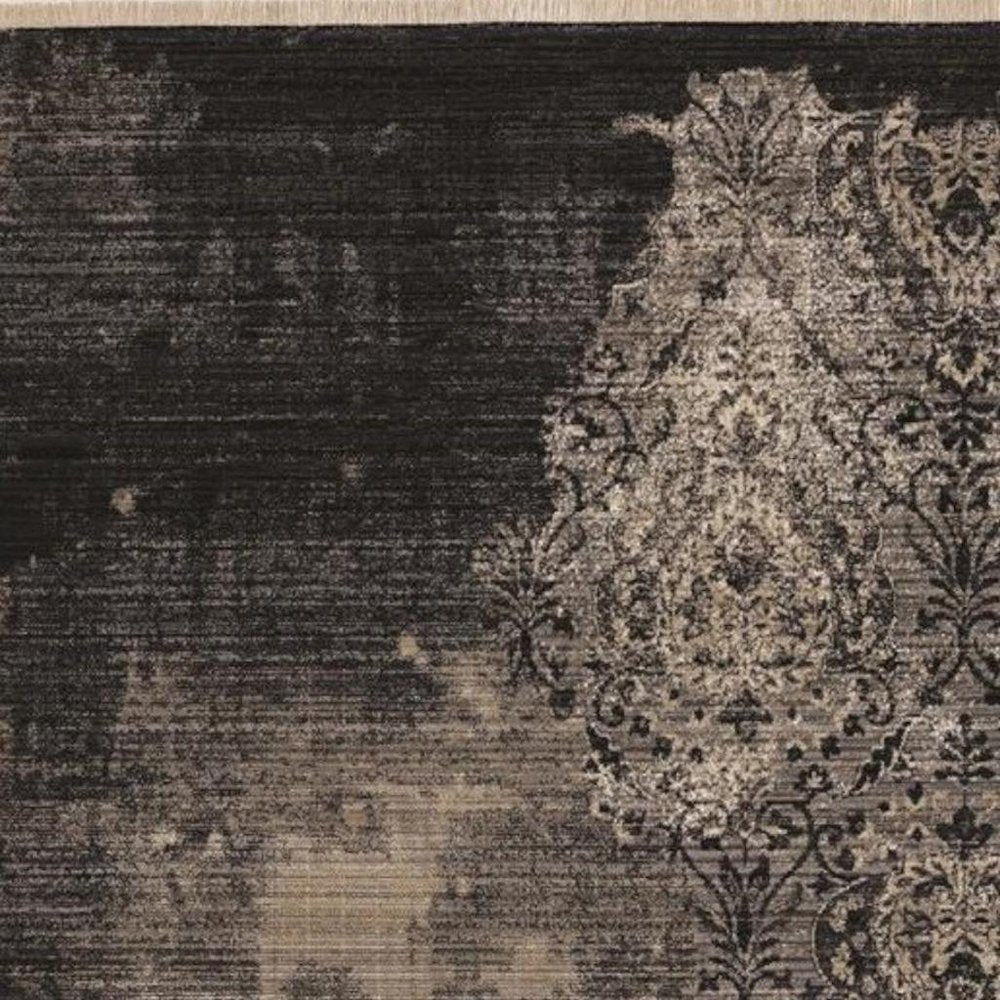 9' X 12' Taupe And Black Damask Area Rug