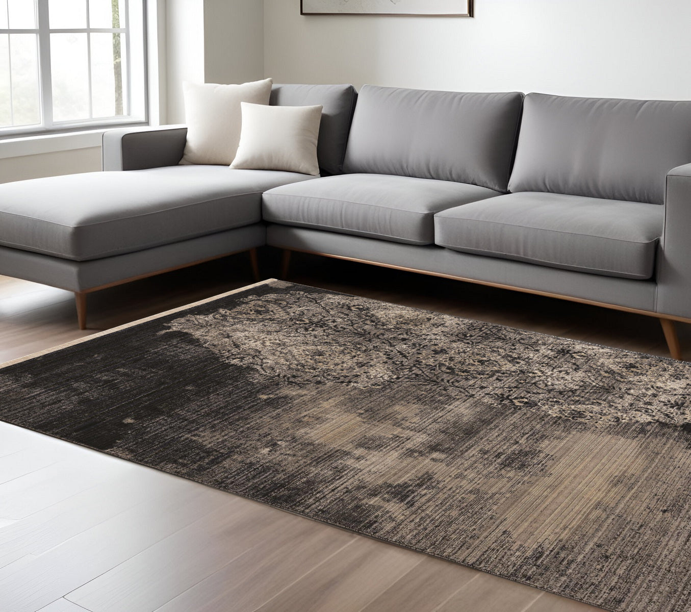 9' X 12' Taupe And Black Damask Area Rug