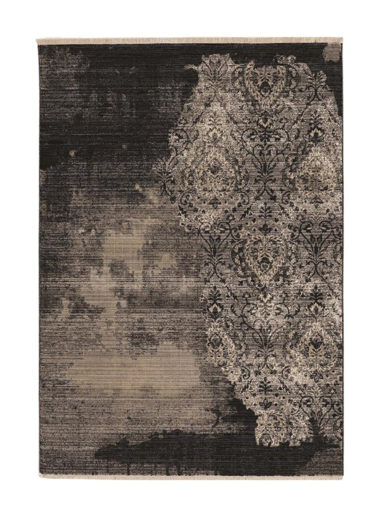 9' X 12' Taupe And Black Damask Area Rug