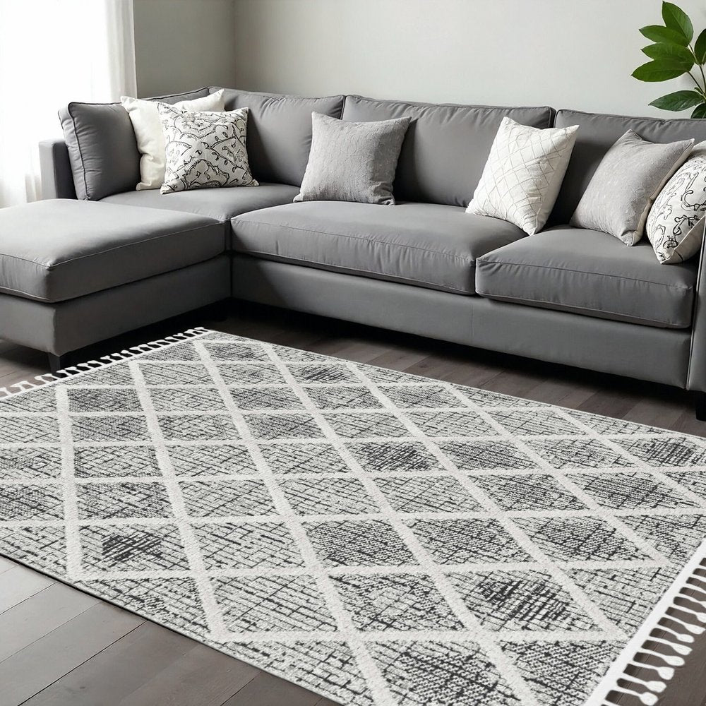 8' X 11' Cream And Charcoal Geometric Area Rug