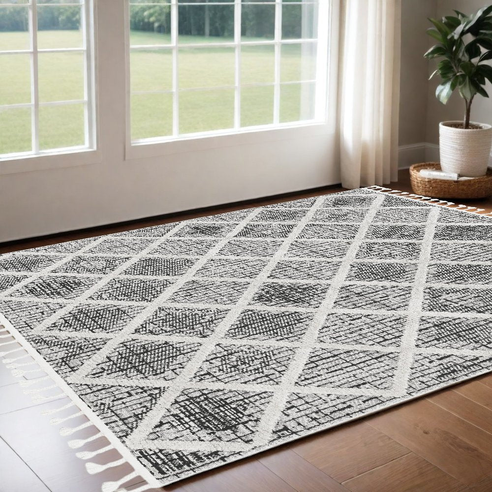 8' X 11' Cream And Charcoal Geometric Area Rug