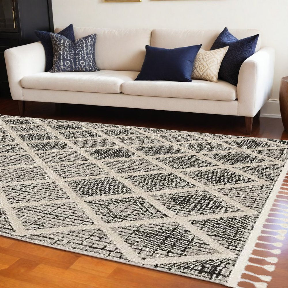 8' X 11' Cream And Charcoal Geometric Area Rug