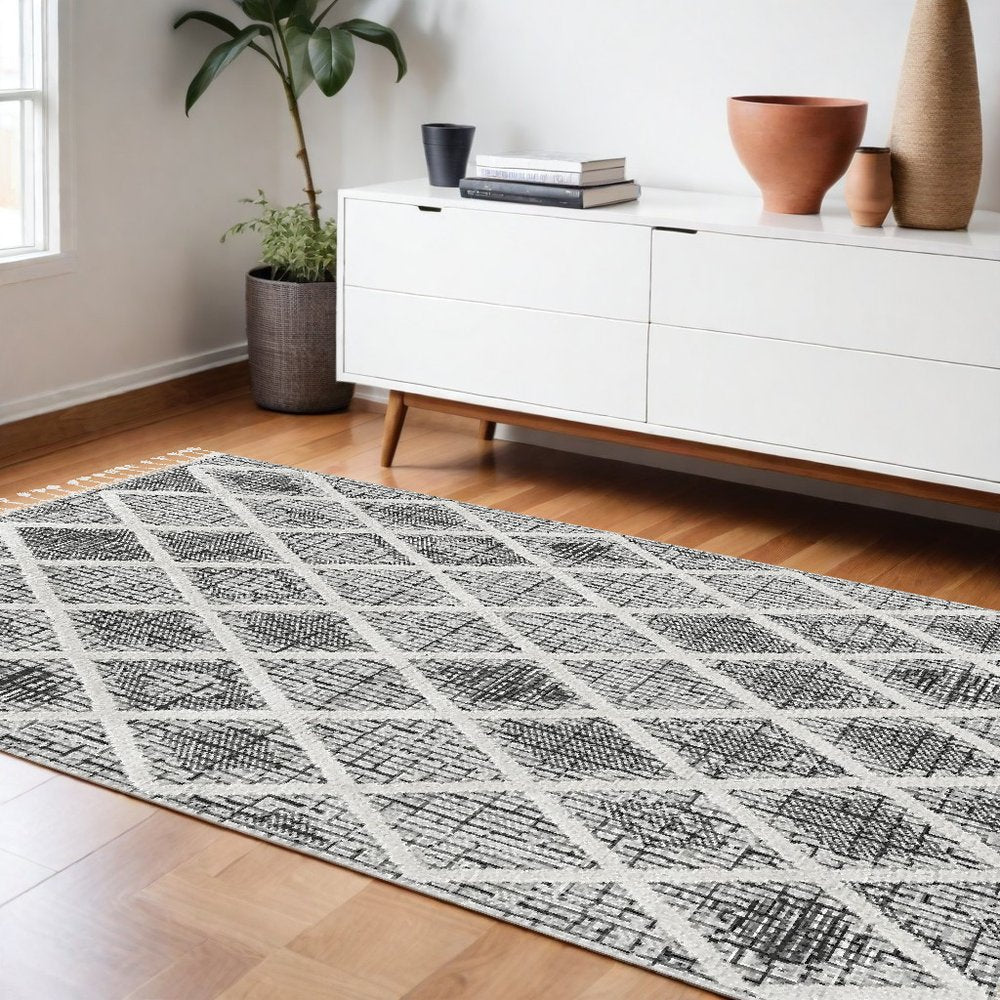 8' X 11' Cream And Charcoal Geometric Area Rug