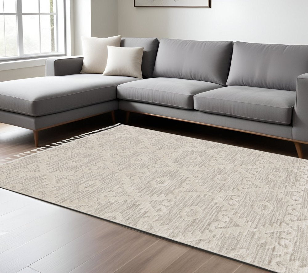 9' X 13' Beige and Ivory Geometric Area Rug